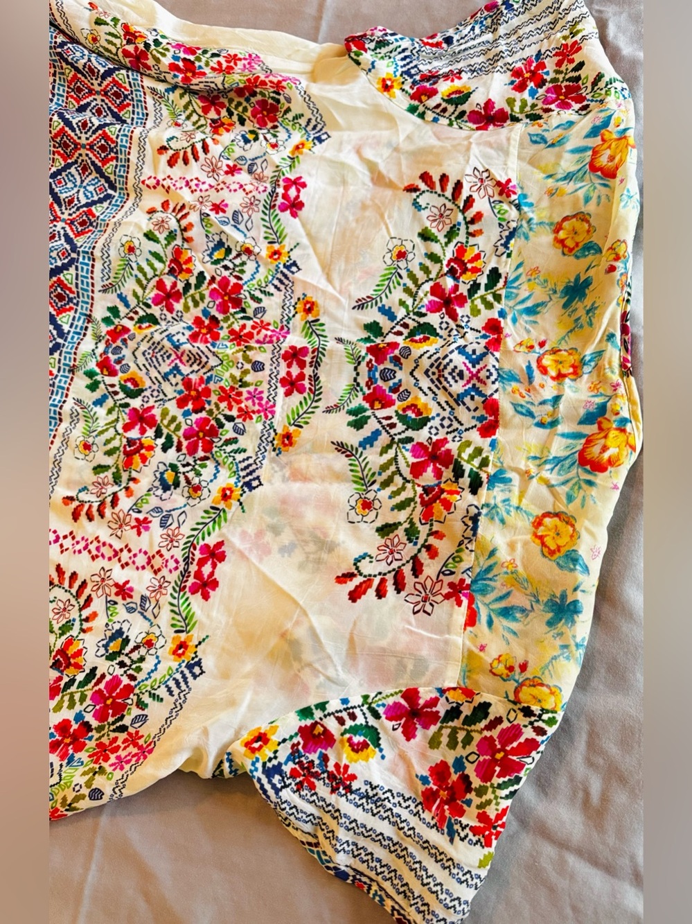 JOHNNY WAS Semi-Sheer Cream Colorful Floral Handkerchief Hem Tunic Top - Picture 12 of 16